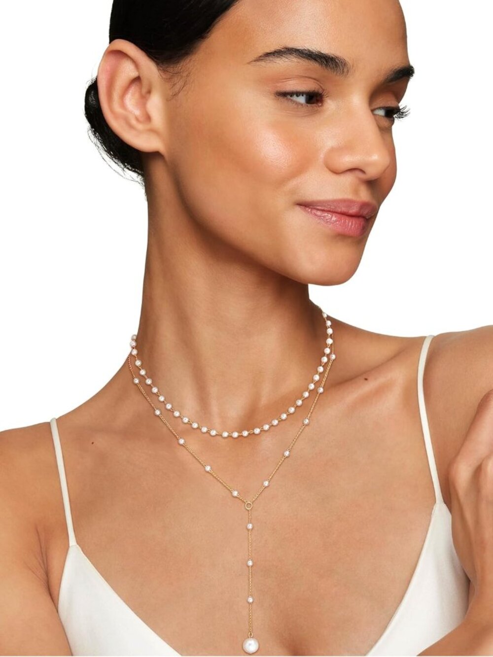 Layered Pearl Necklaces for Women 14K Gold Plated Trendy Faux Pearl Drop Y Neckl - Picture 2 of 6